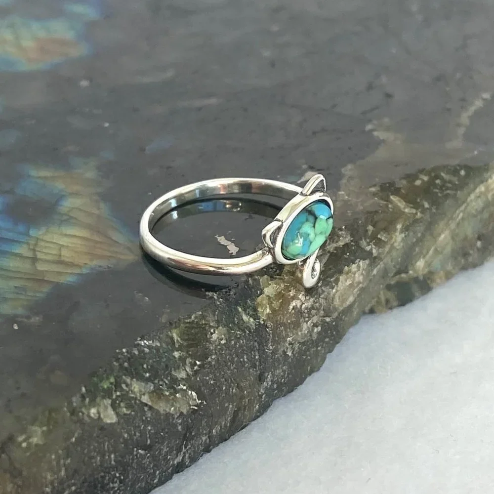 Sterling Silver 925 Turquoise Cabochon Kitty Cat Bypass Style Band Ring Sz 6
